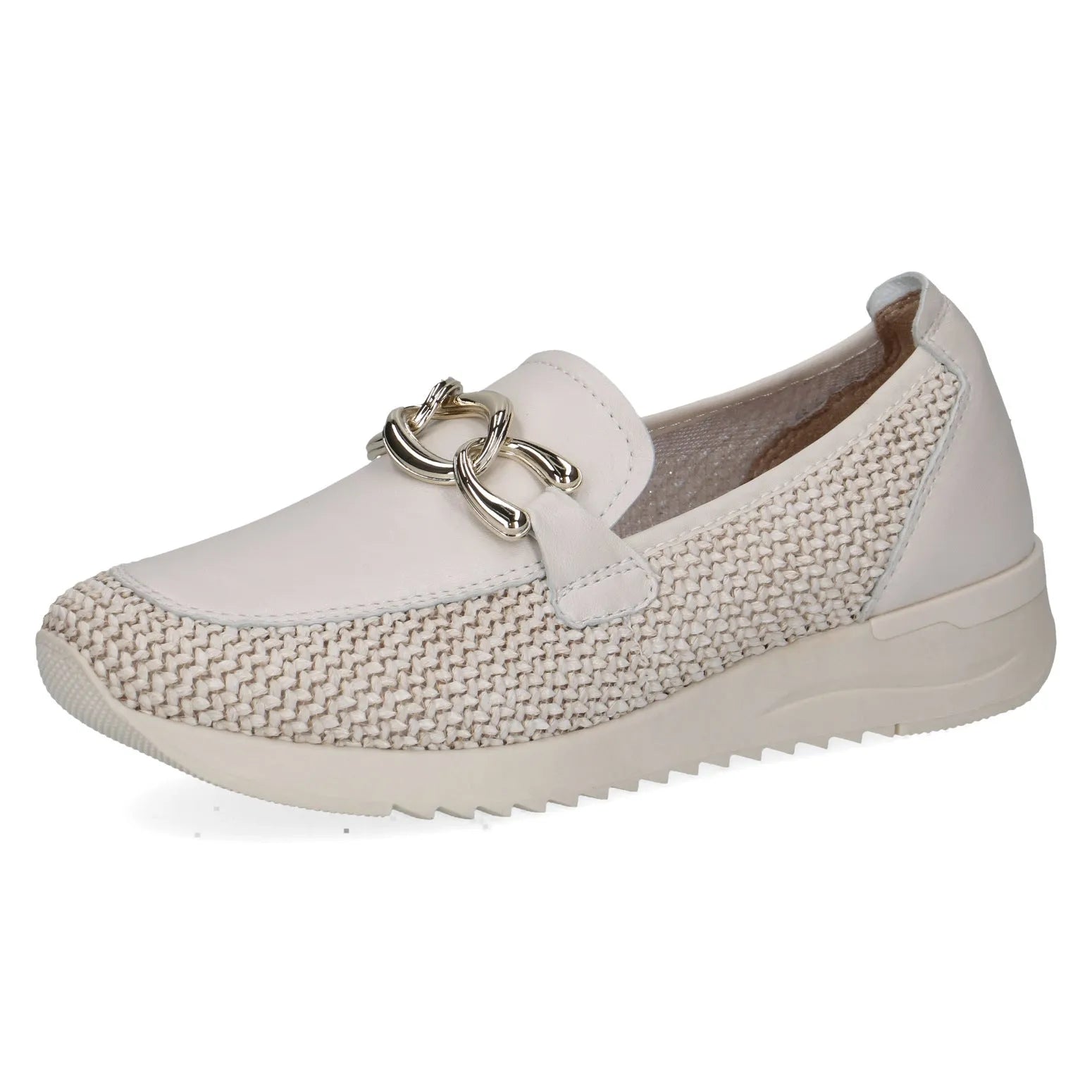 Ladies off-white slip-on shoes with leather, textile, and chain detailing, featuring a woven pattern and sporty sole.