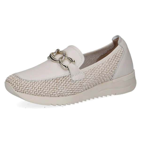 Ladies off-white slip-on shoes with leather, textile, and chain detailing, featuring a woven pattern and sporty sole.