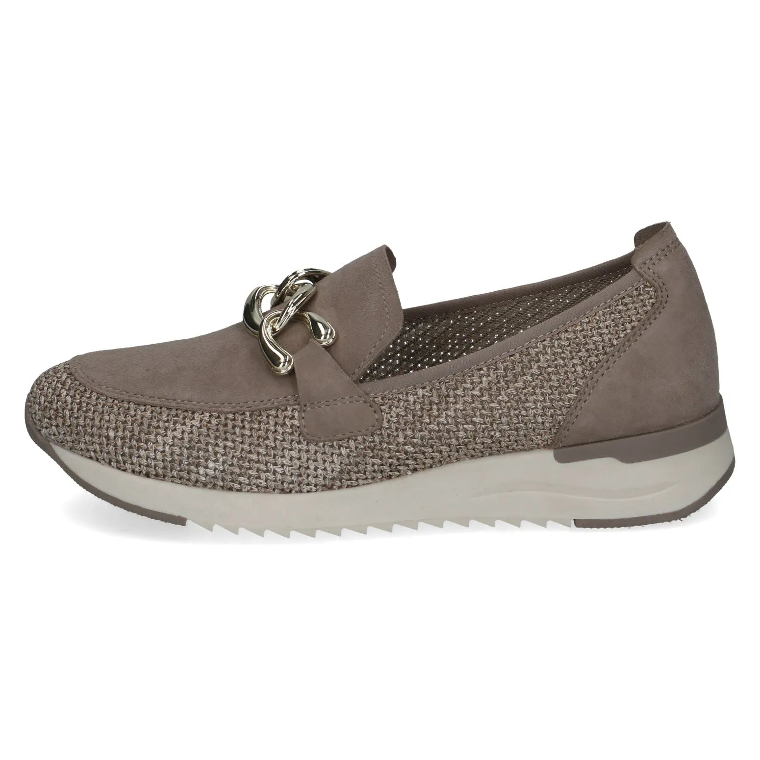 Ladies brown slip-on shoes with leather, textile, and metallic chain details, and a cushioned white sole.