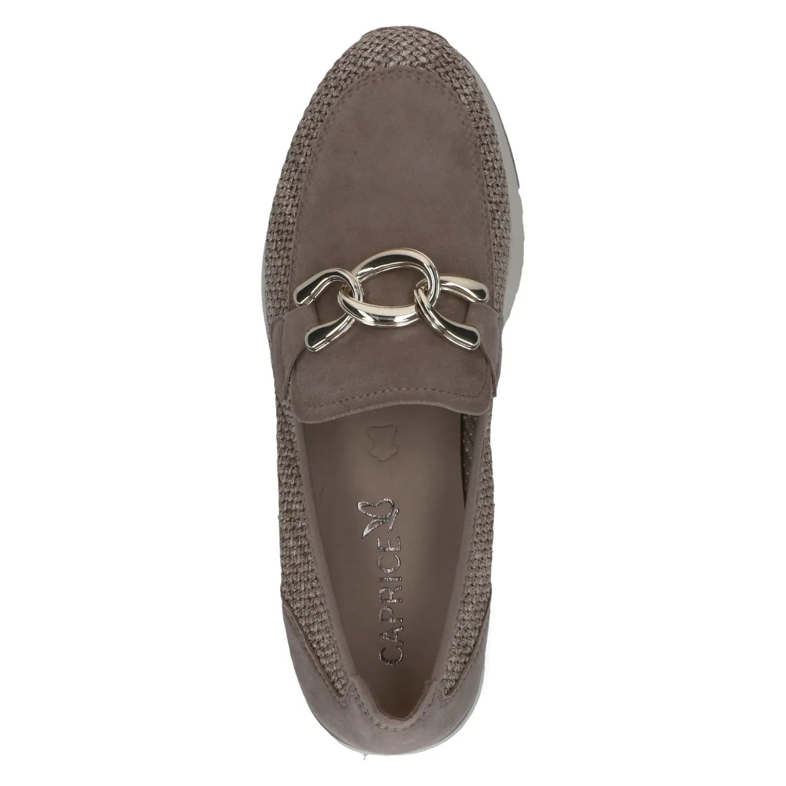Ladies brown slip-on shoes with leather, textile upper, and large silver chain detail on the front.