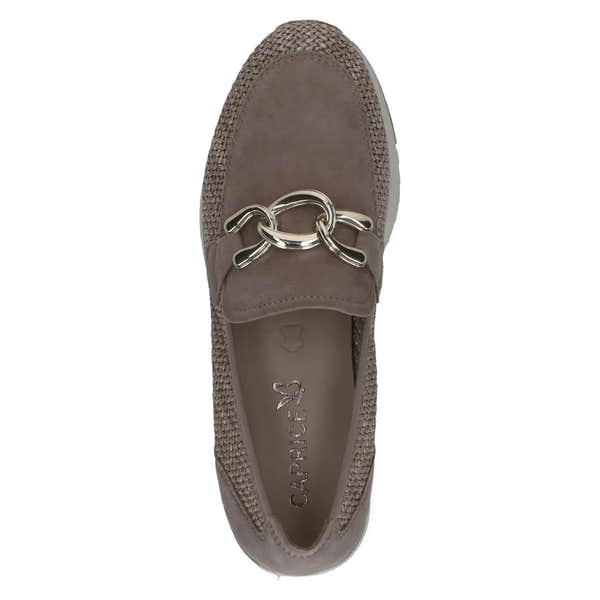 Ladies brown slip-on shoes with leather, textile upper, and large silver chain detail on the front.