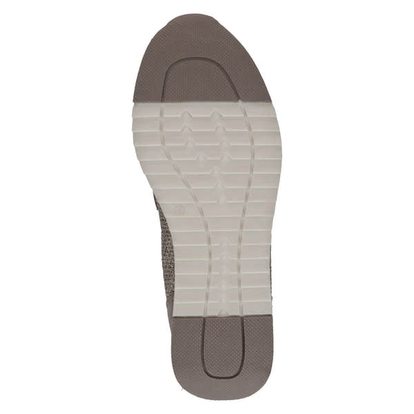 Brown slip-on shoes with leather and textile upper, white sole, and textured details.
