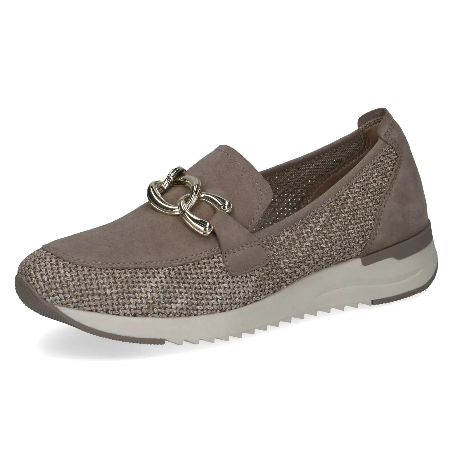 Ladies brown slip-on shoes with leather and textile materials, chain detail, and a white sole.