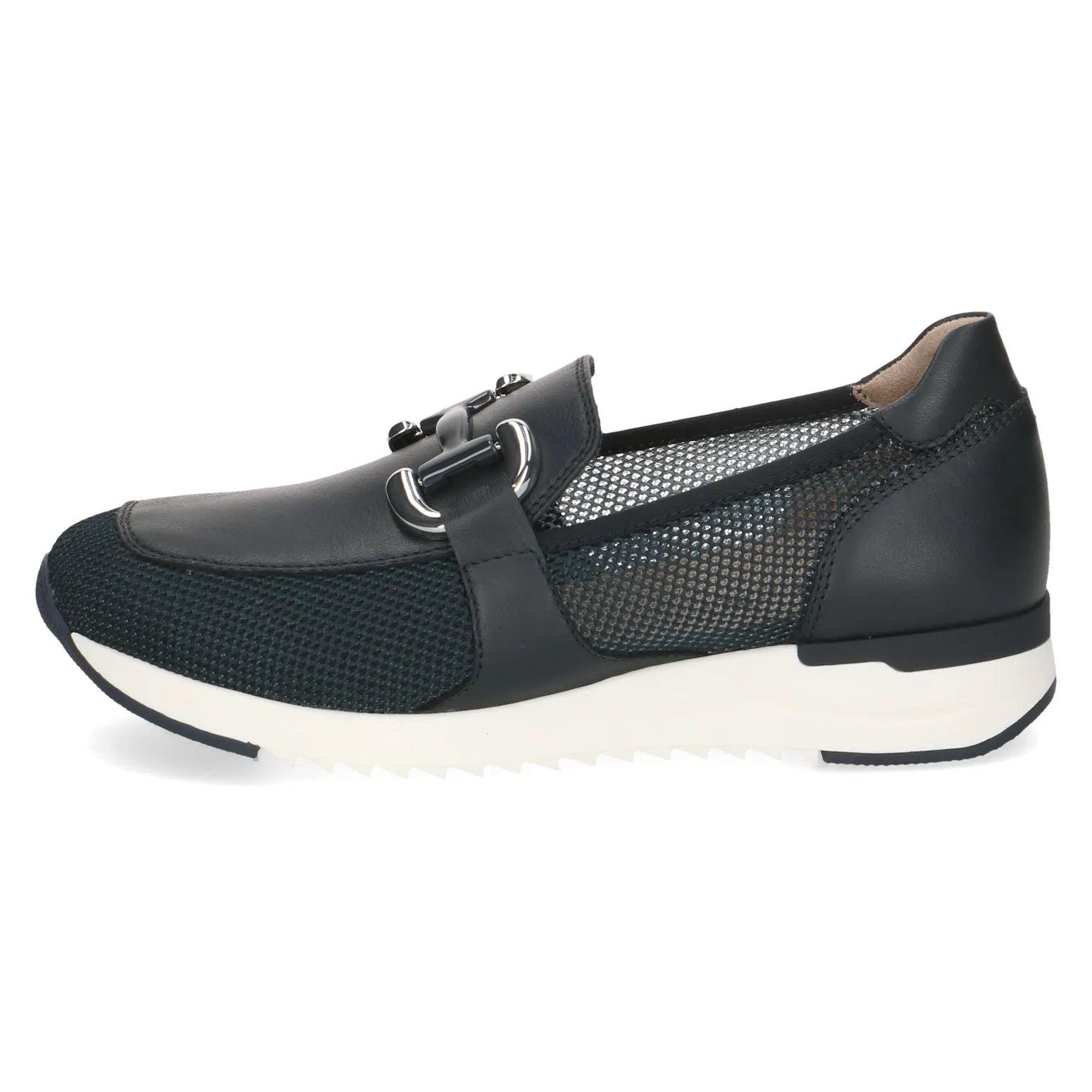 Ladies slip-on shoes with black leather, mesh details, metal buckle, and white sole.