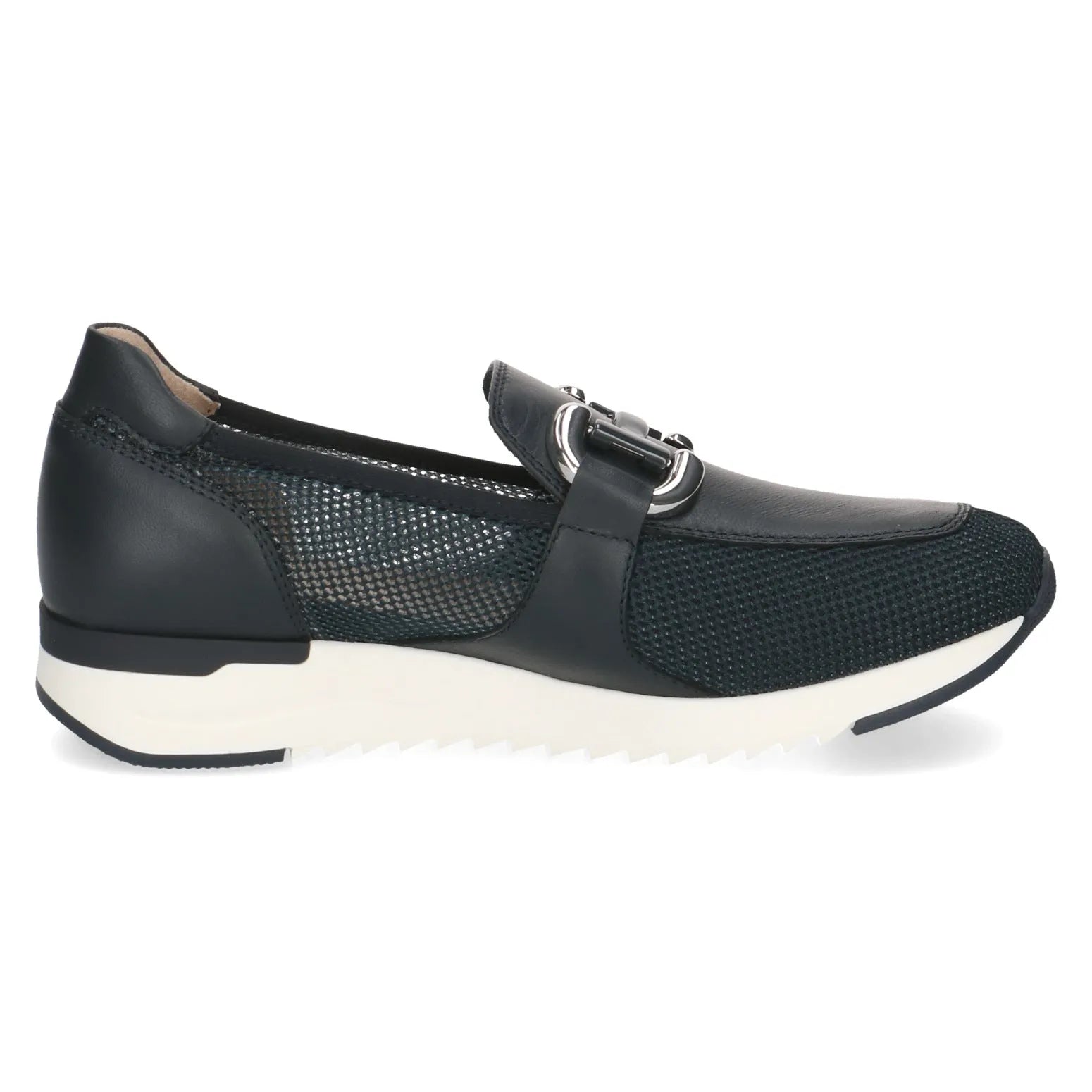 Ladies slip-on shoes with ocean-colored leather and textile, mesh details, silver buckle, and white sole.
