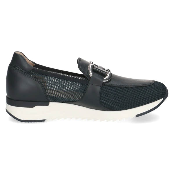 Ladies slip-on shoes with ocean-colored leather and textile, mesh details, silver buckle, and white sole.