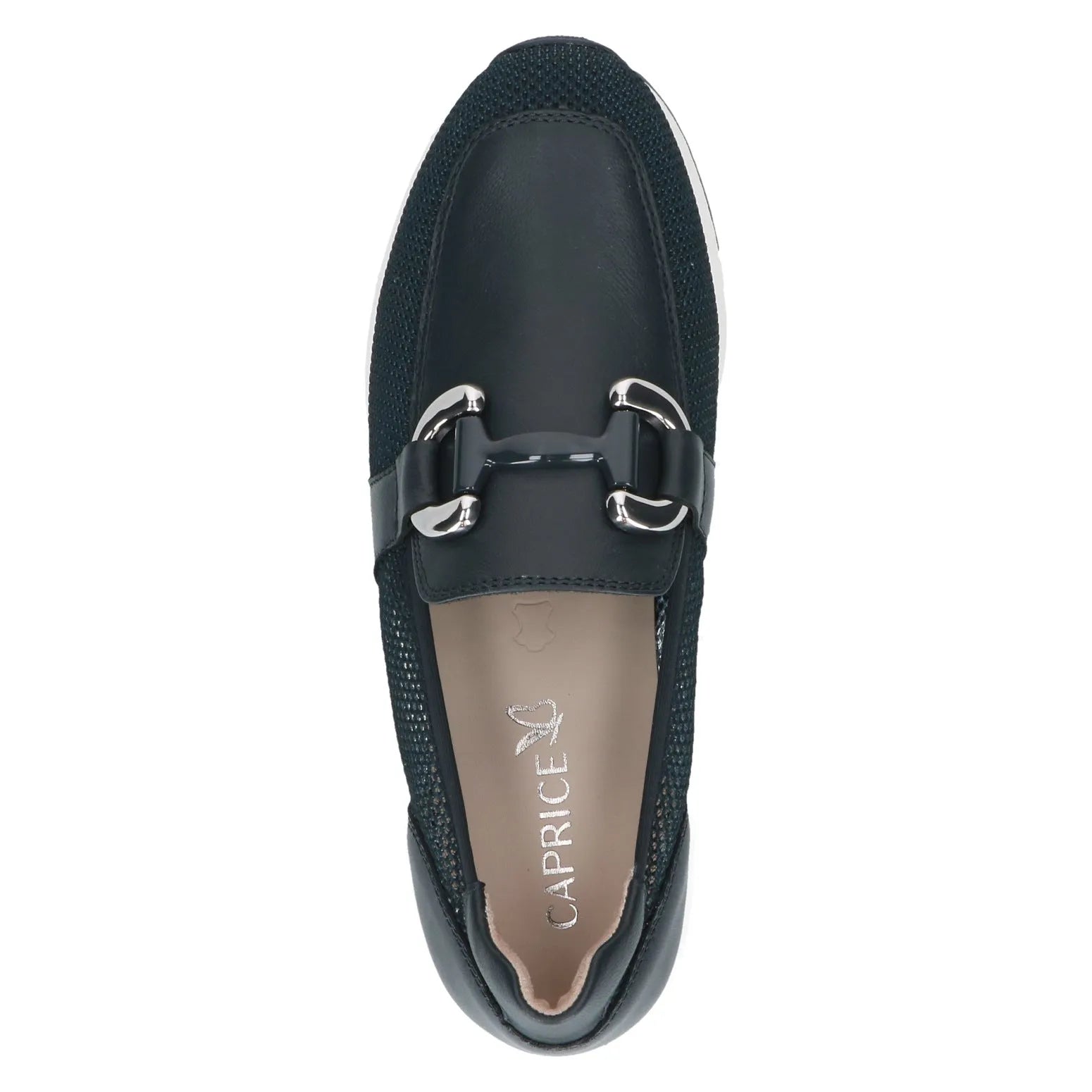 Ladies navy slip-on shoes with leather and textile upper, metal buckle detail, and cushioned beige interior.