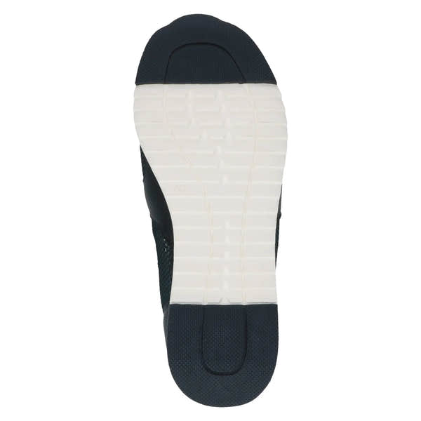 Women's slip-on shoes with leather and textile upper in navy and ocean colors, white rubber outsole, sporty style.