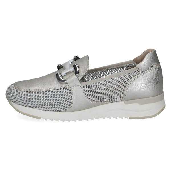 Caprice ladies slip-on shoes with leather and textile upper, silver color, perforated details, and sporty sole.