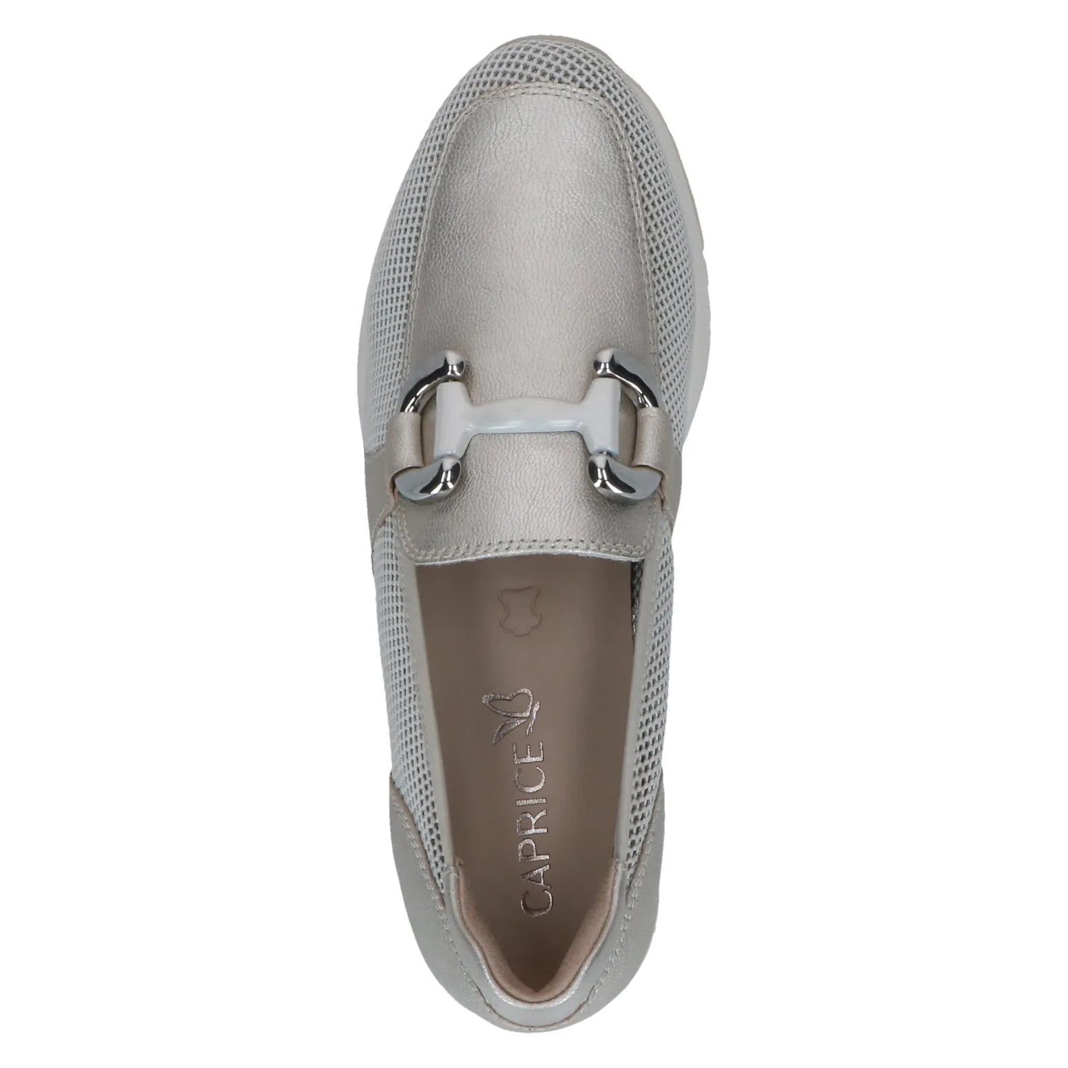 Ladies platinum slip-on shoes with leather and textile upper, metal buckle detail, rounded toe, and cushioned insole.