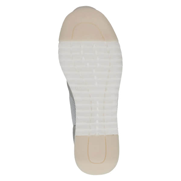 Ladies Slip-On shoes with platinum leather and textile upper, white rubber sole with textured grip, and decorative stitching.