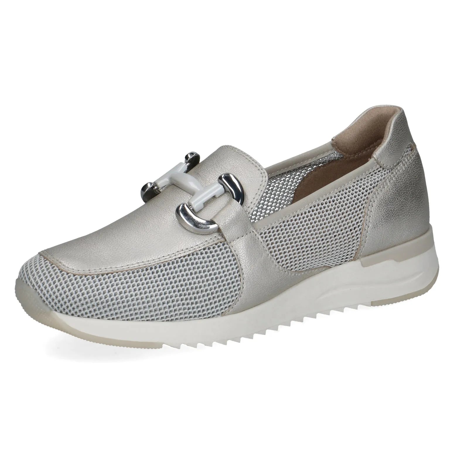 Ladies platinum slip-on shoes with leather and textile upper, silver accents, and sporty sole.
