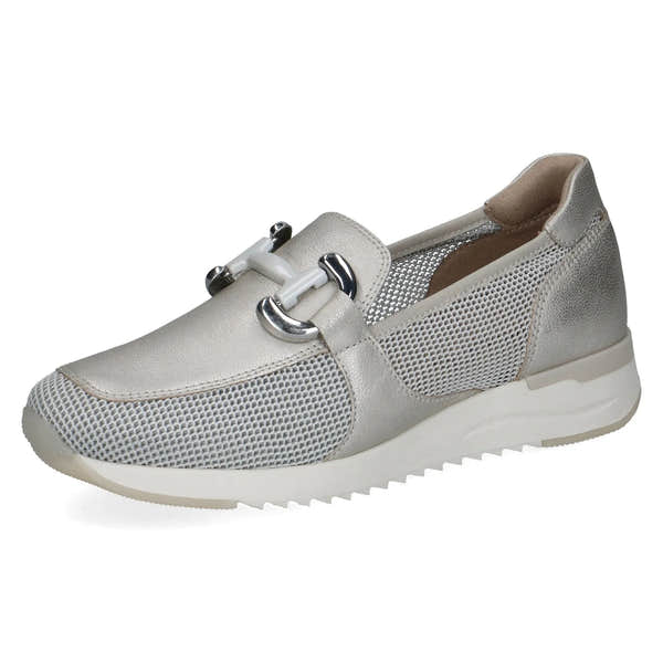 Ladies platinum slip-on shoes with leather and textile upper, silver accents, and sporty sole.