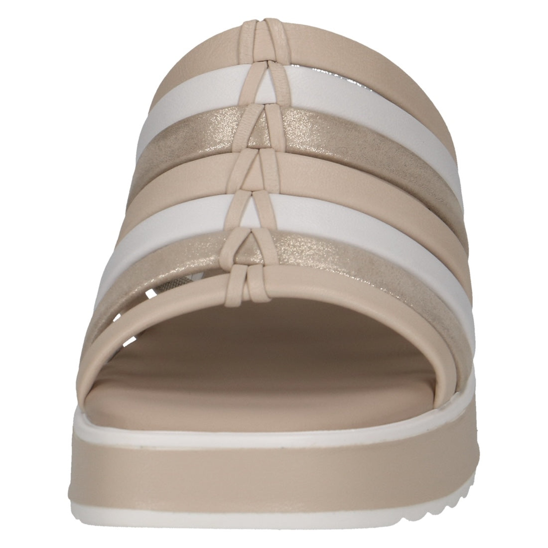 Caprice Eileen women's white leather slip-on sandals with multiple strap design and cushioned sole.