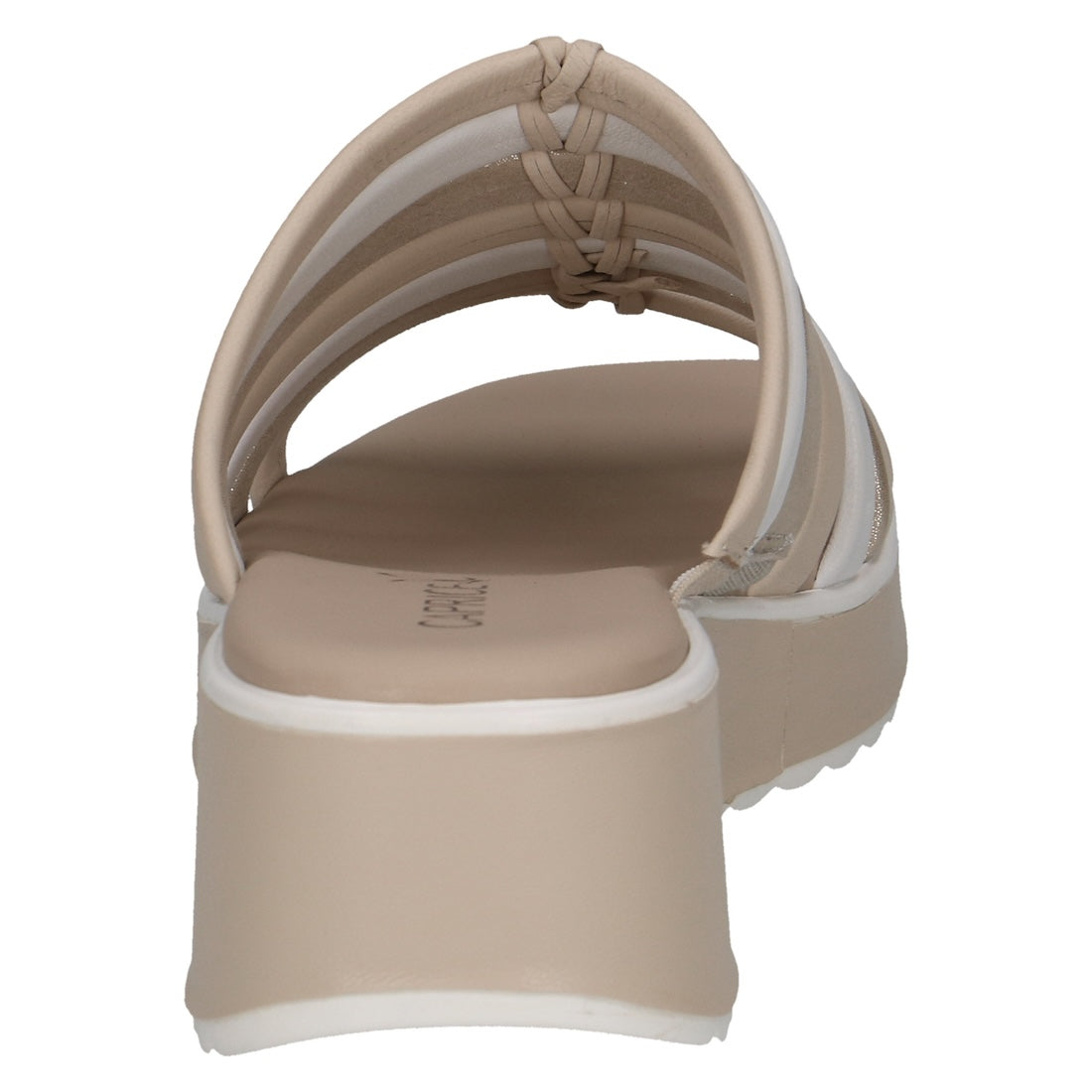 Caprice Eileen women's white leather slip-on sandals with knotted straps and chunky platform sole.
