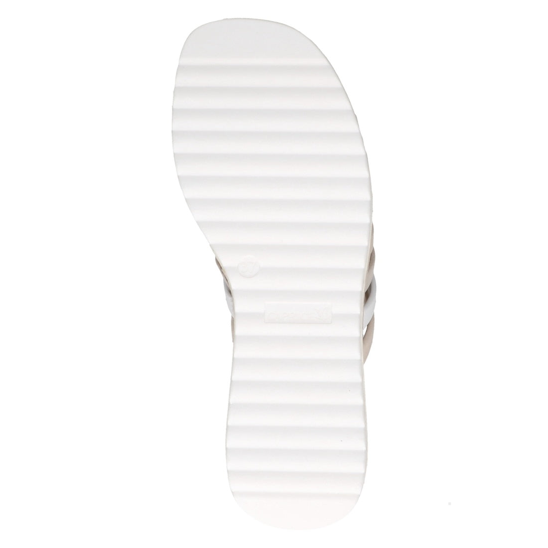 White leather slip-on sandals for women, Caprice 9-27201-44 137 Eileen, with ridged sole and open toe design.