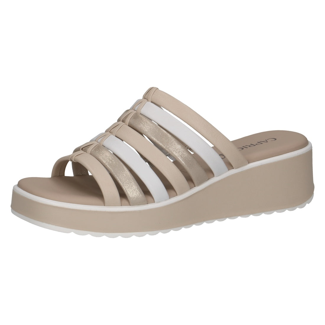 Caprice Eileen women's white leather slip-on platform sandals with multi-strap design.