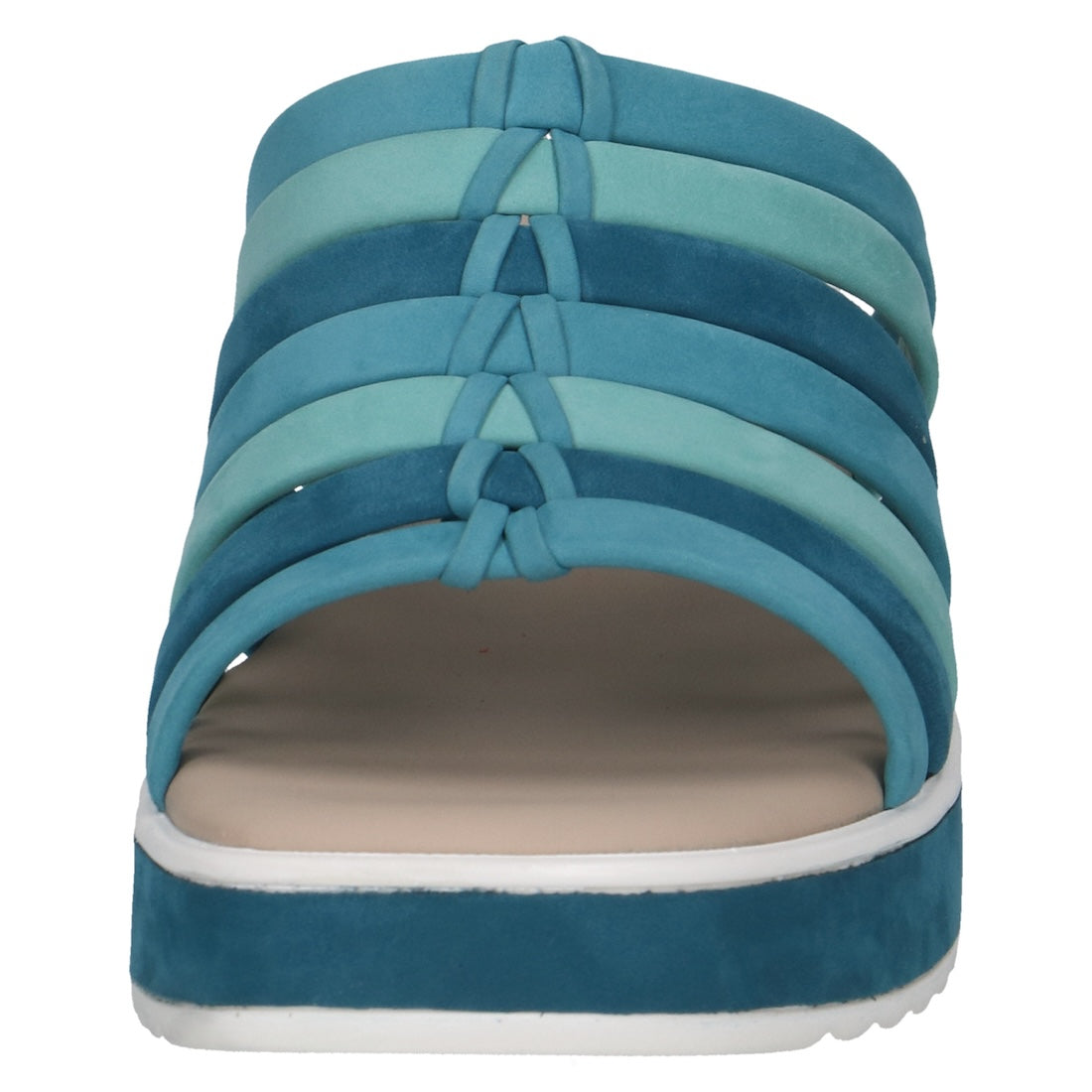 Caprice Eileen women's blue leather slip-on sandals with knotted straps, cushioned insole, and white rubber sole.