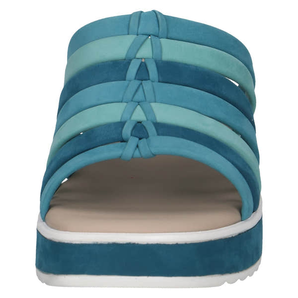 Caprice Eileen women's blue leather slip-on sandals with knotted straps, cushioned insole, and white rubber sole.