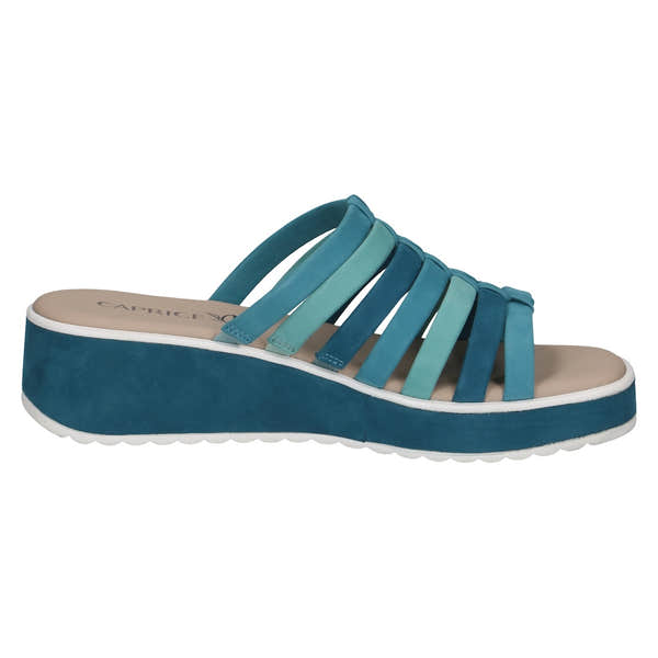 Caprice women's blue leather slip-on wedge sandals with multiple straps and cushioned beige insole.