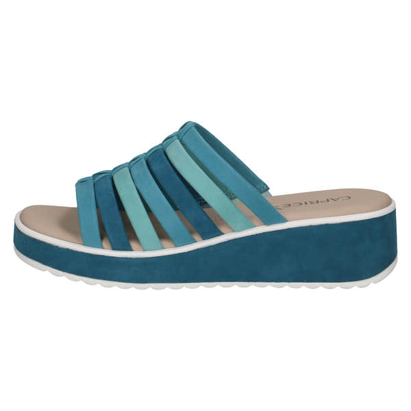 Caprice Eileen women's blue leather slip-on platform sandals with multi-strap design and wedge heel.