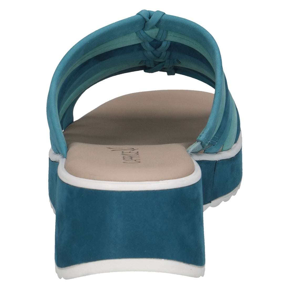 Caprice Eileen women's blue leather slip-on sandals with a padded beige insole and braided strap detail.