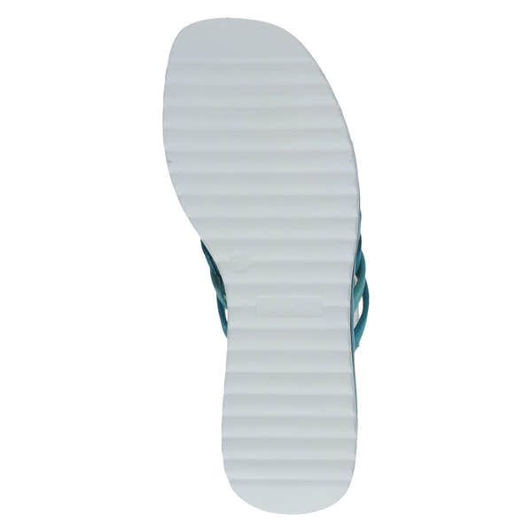 Caprice Eileen women's blue leather slip-on sandals with white ridged sole.
