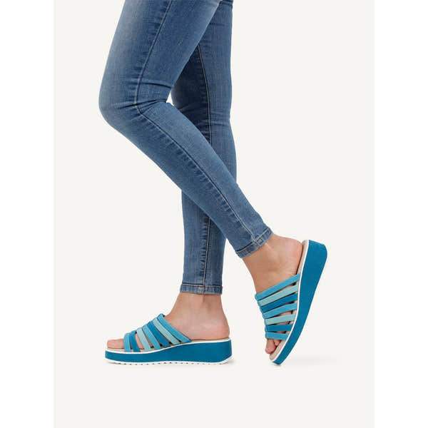 Caprice Eileen Ladies Blue Leather Slip-On Sandals with multi-strap design and wedge sole.
