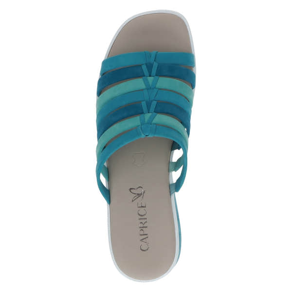Blue leather slip-on sandals for women, Caprice Eileen style, with multicolor straps and open toe design.
