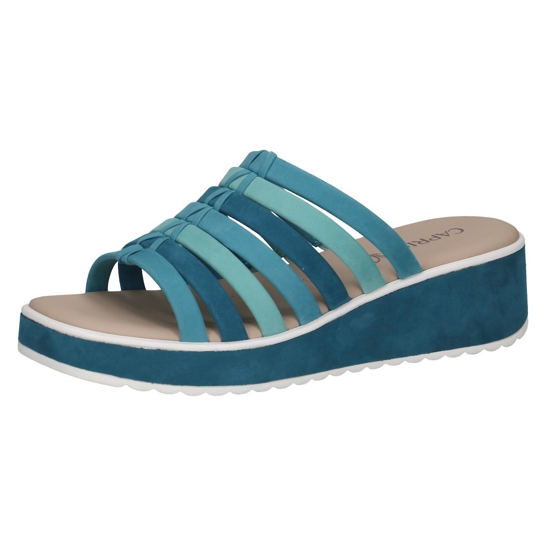 Caprice Women's Blue Leather Slip-On Wedge Sandals with multiple strap design.