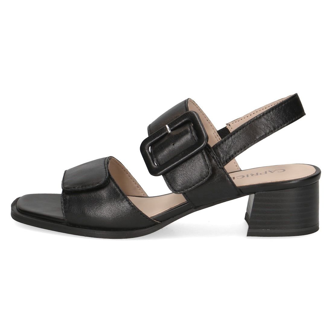 Caprice Siena women's black leather touch fastening sandals with block heel and adjustable buckle strap.