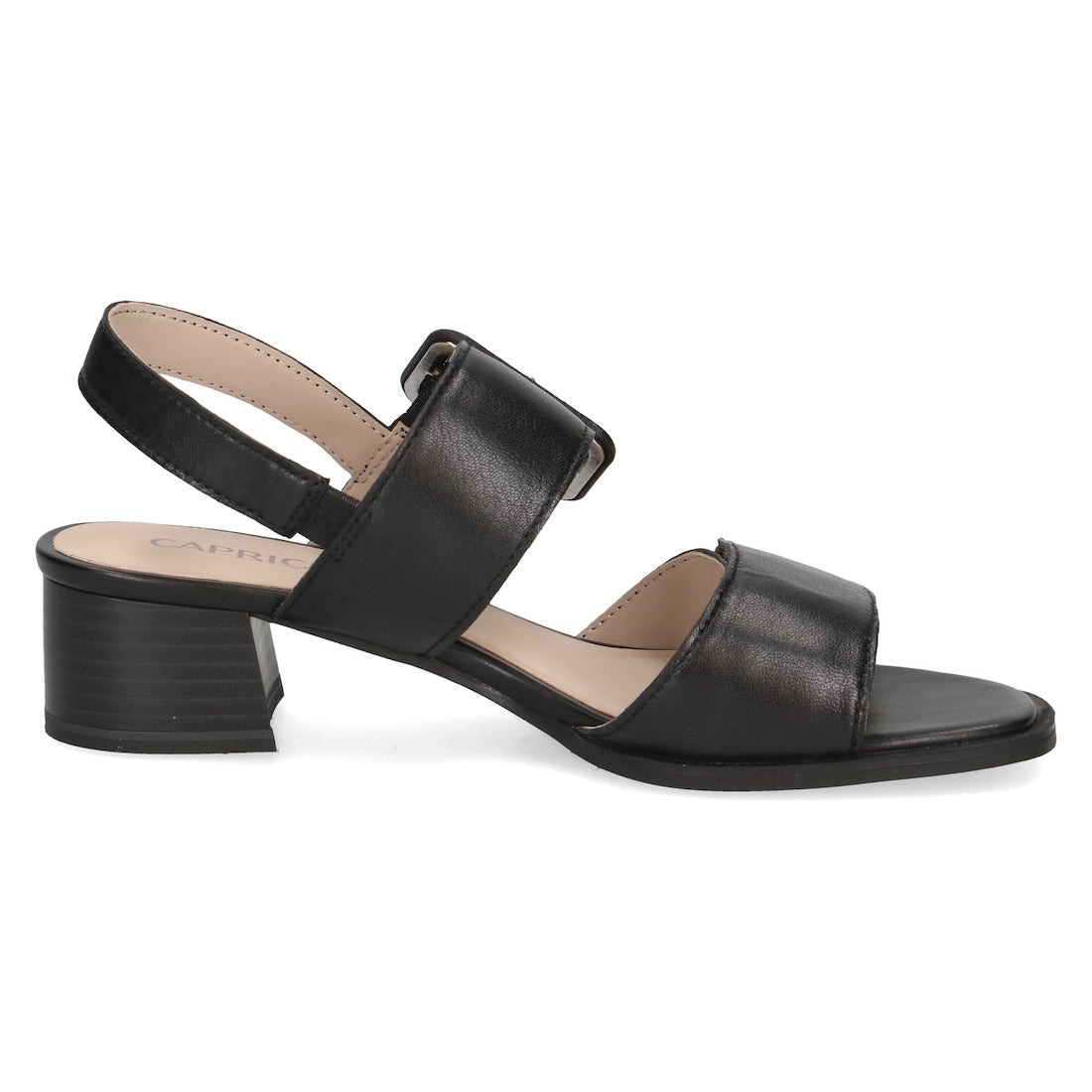Caprice Siena women's black leather sandals with touch fastening straps and a low block heel.