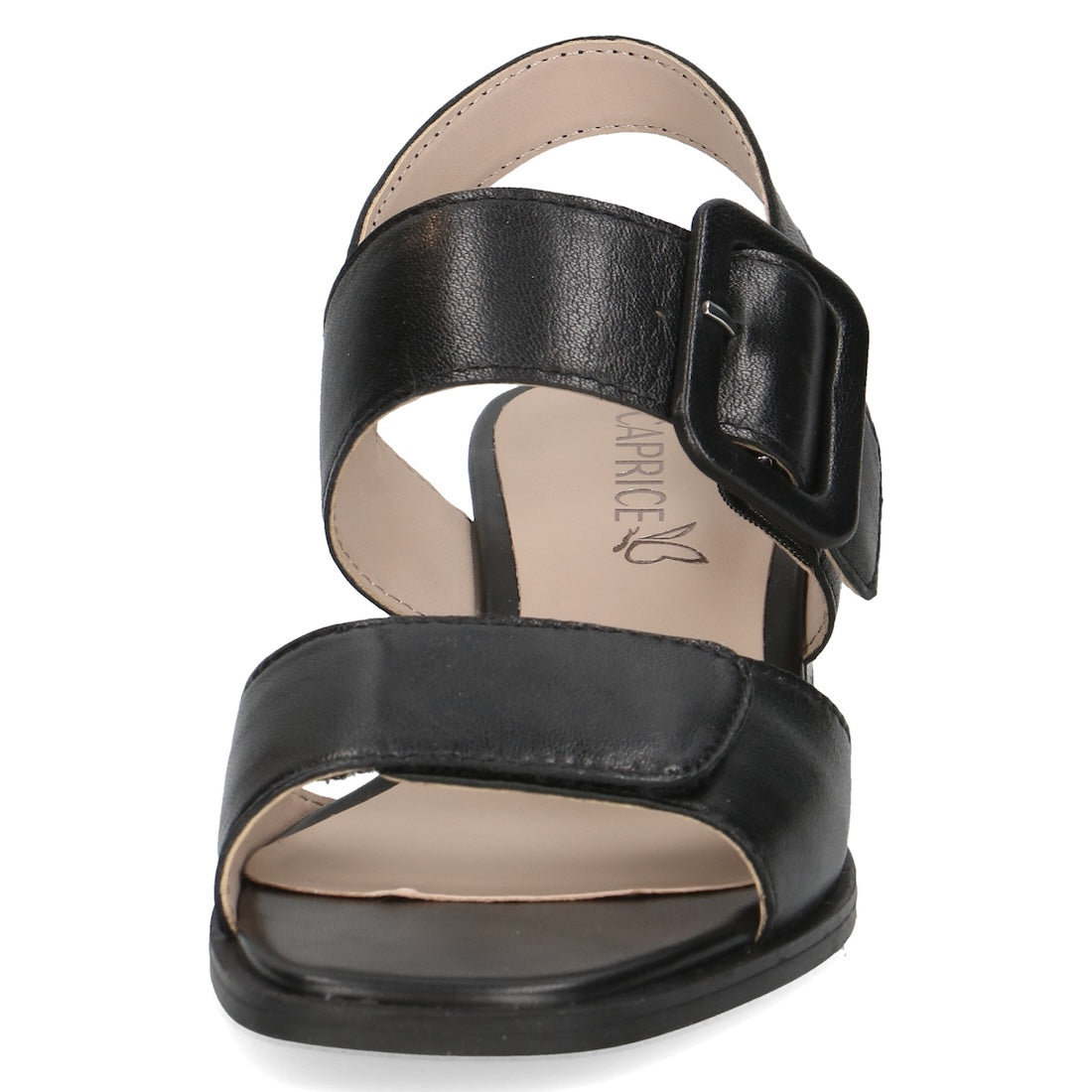 Caprice Siena women's black leather touch fastening sandal with open toe and ankle strap, cushioned insole, and chunky heel.