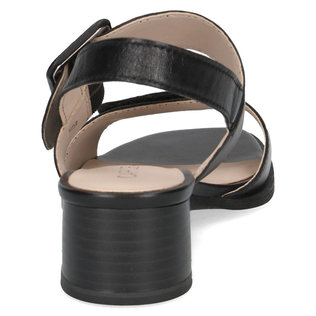 Caprice Siena women's black leather touch fastening sandals with block heel and adjustable straps.