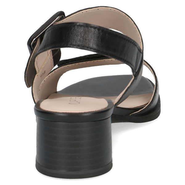 Caprice Siena women's black leather touch fastening sandals with block heel and adjustable straps.