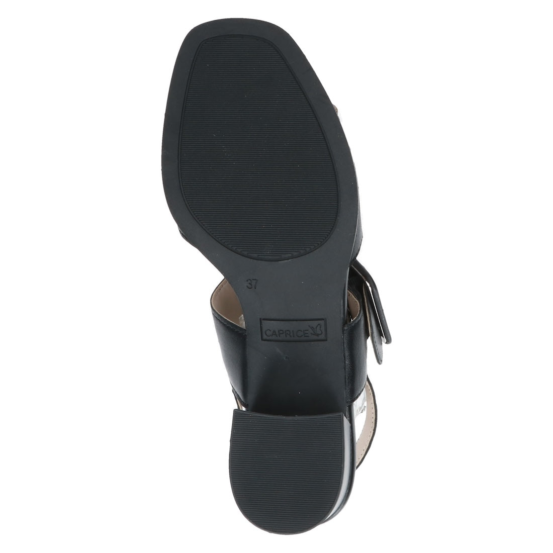 Caprice Siena Ladies Black Leather Touch Fastening Sandals with low block heel and adjustable strap.