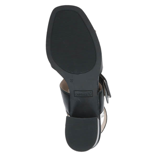 Caprice Siena Ladies Black Leather Touch Fastening Sandals with low block heel and adjustable strap.