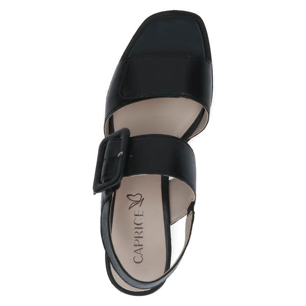 Caprice Siena women's black leather sandals with touch fastening straps and square toe design.