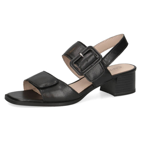 Caprice Siena women's black leather touch fastening sandals with block heel and adjustable strap.