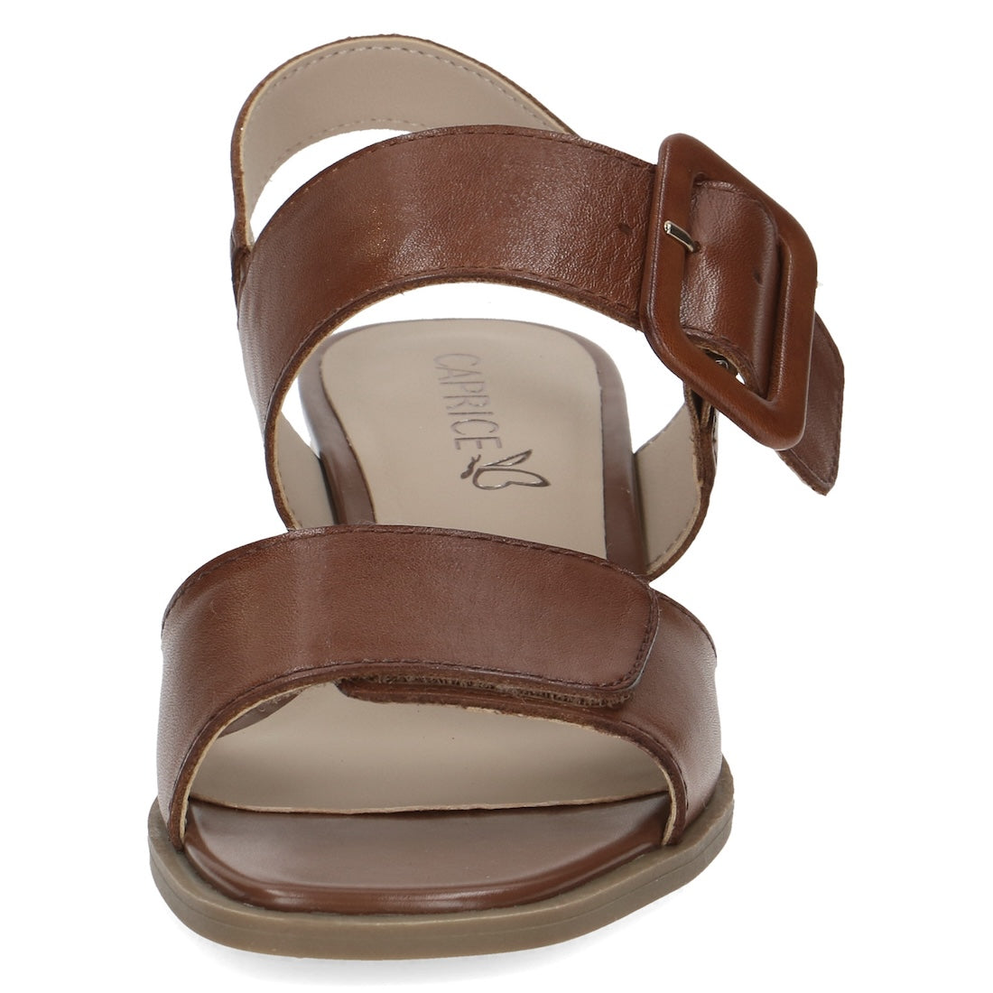 Caprice Siena women's cognac leather touch fastening sandals with adjustable buckle and open toe design.