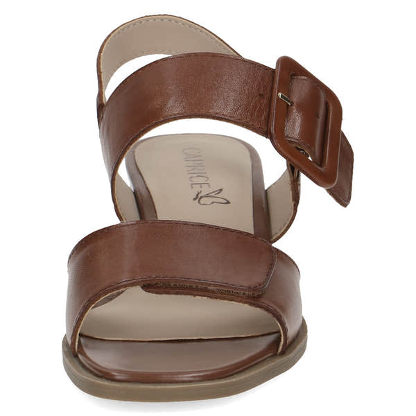Caprice Siena women's cognac leather touch fastening sandals with adjustable buckle and open toe design.