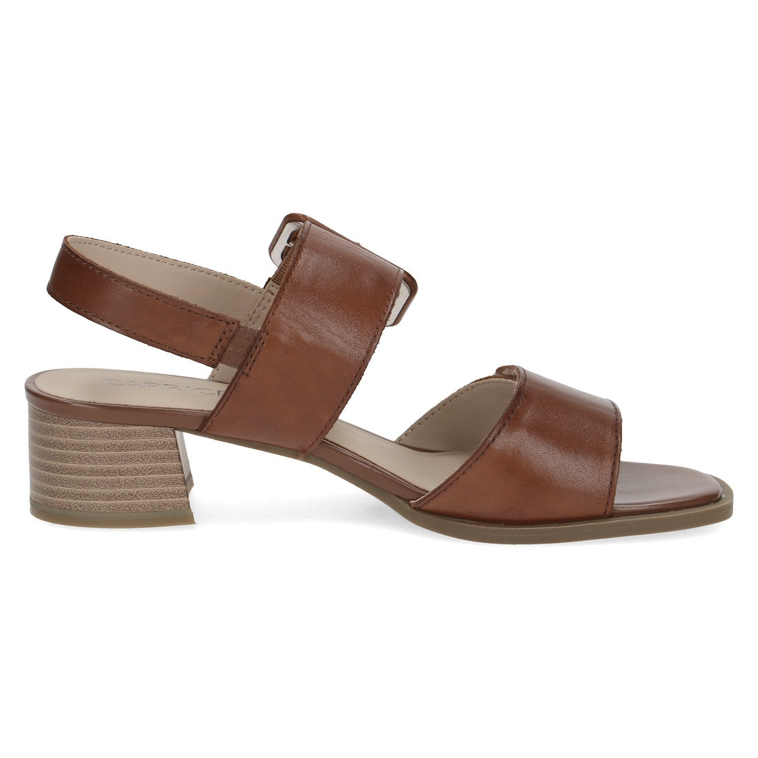 Caprice Siena ladies' cognac leather touch-fastening sandals with low block heel and open toe.