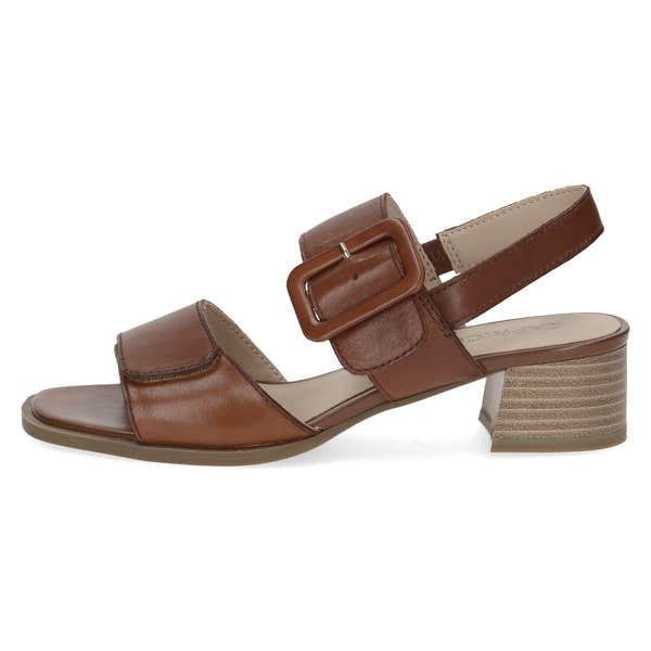 Caprice 9-28205-44 303 Siena women's cognac leather touch-fastening sandals with block heel and adjustable strap.