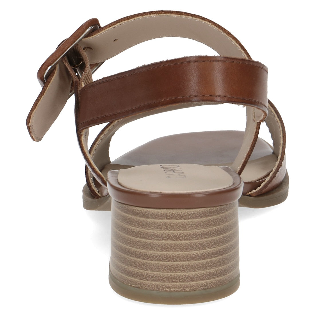 Caprice Siena women's cognac leather touch fastening sandals with a stacked block heel.