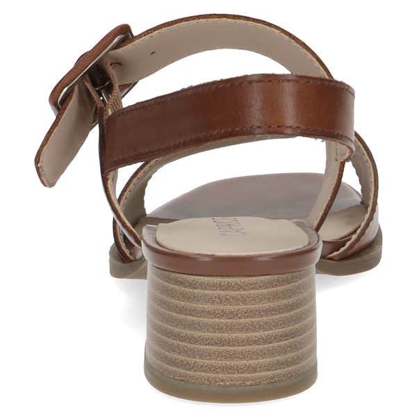 Caprice Siena women's cognac leather touch fastening sandals with a stacked block heel.