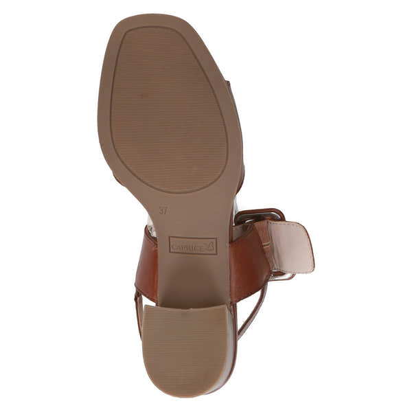 Caprice 9-28205-44 303 Siena Ladies Cognac Leather Touch Fastening Sandals, open-toe design with adjustable strap and cushioned sole.