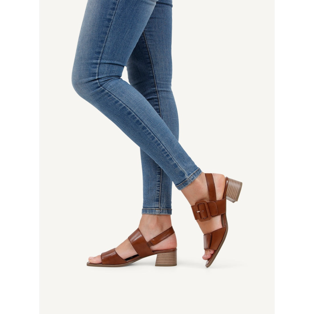 Caprice Siena Ladies Cognac Leather Touch Fastening Sandals with Block Heel and Ankle Strap.