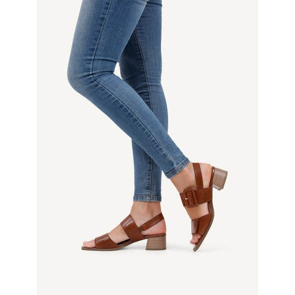 Caprice Siena Ladies Cognac Leather Touch Fastening Sandals with Block Heel and Ankle Strap.