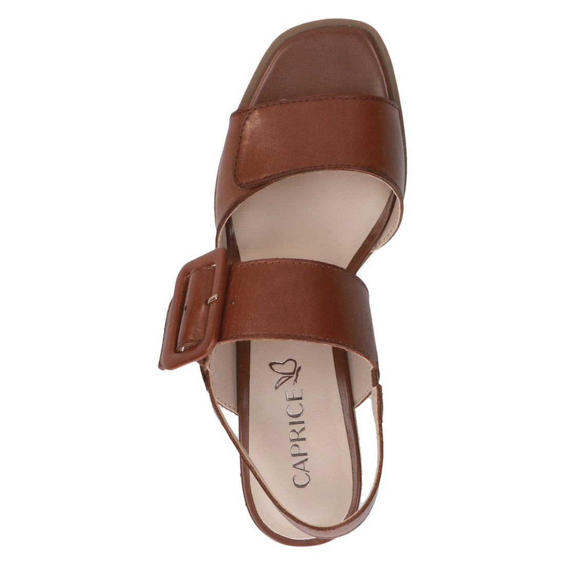 Caprice Siena ladies cognac leather touch fastening sandal with adjustable straps and open toe design.