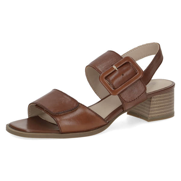 Caprice Siena women's cognac leather touch-fastening sandals with wide straps and a block heel.